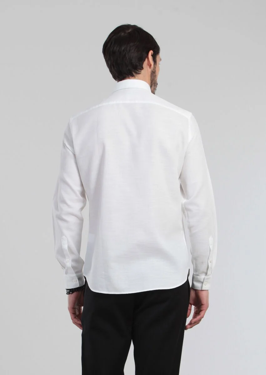 Ekru Desenli Fitted Fit Dokuma Casual %100 Pamuk Gömlek - 5