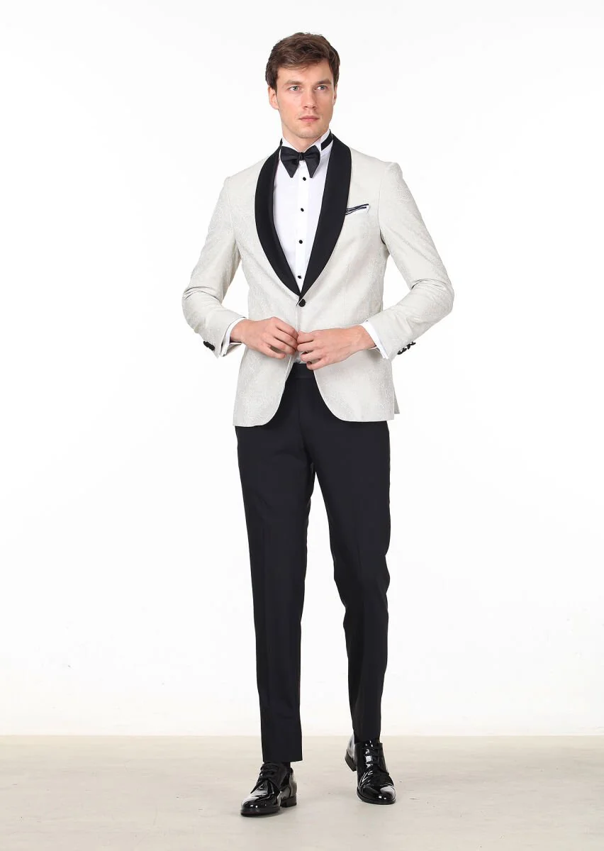 Ekru Desenli Modern Fit Şal Yaka Dokuma Smokin Takım Elbise - 3