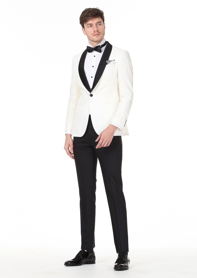 Ekru Desenli Modern Fit Şal Yaka Dokuma Smokin Takım Elbise - 3