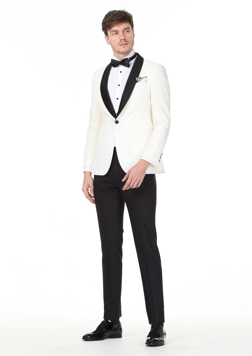 Ekru Desenli Modern Fit Şal Yaka Dokuma Smokin Takım Elbise - 3