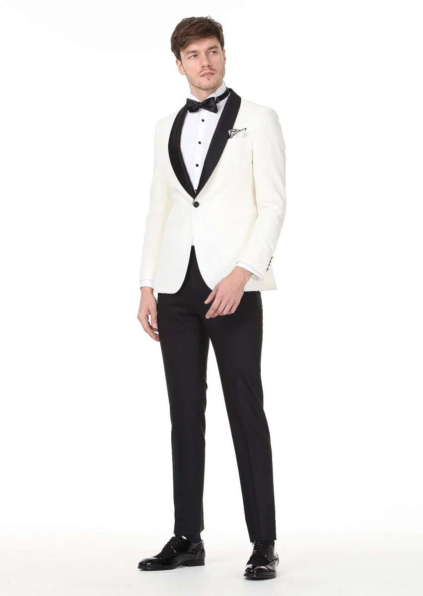 Ekru Desenli Modern Fit Şal Yaka Dokuma Smokin Takım Elbise - 3