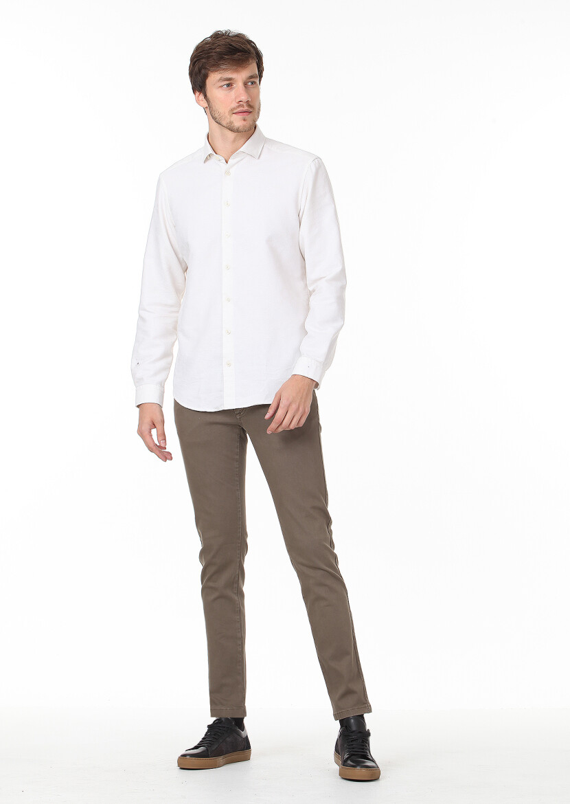 Ekru Desenli Regular Fit Uzun Dokuma Casual Pamuk Karışımlı Gömlek - 3