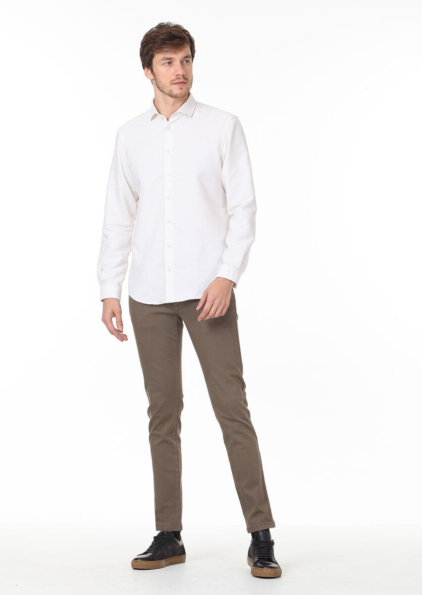 Ekru Desenli Regular Fit Uzun Dokuma Casual Pamuk Karışımlı Gömlek - 3