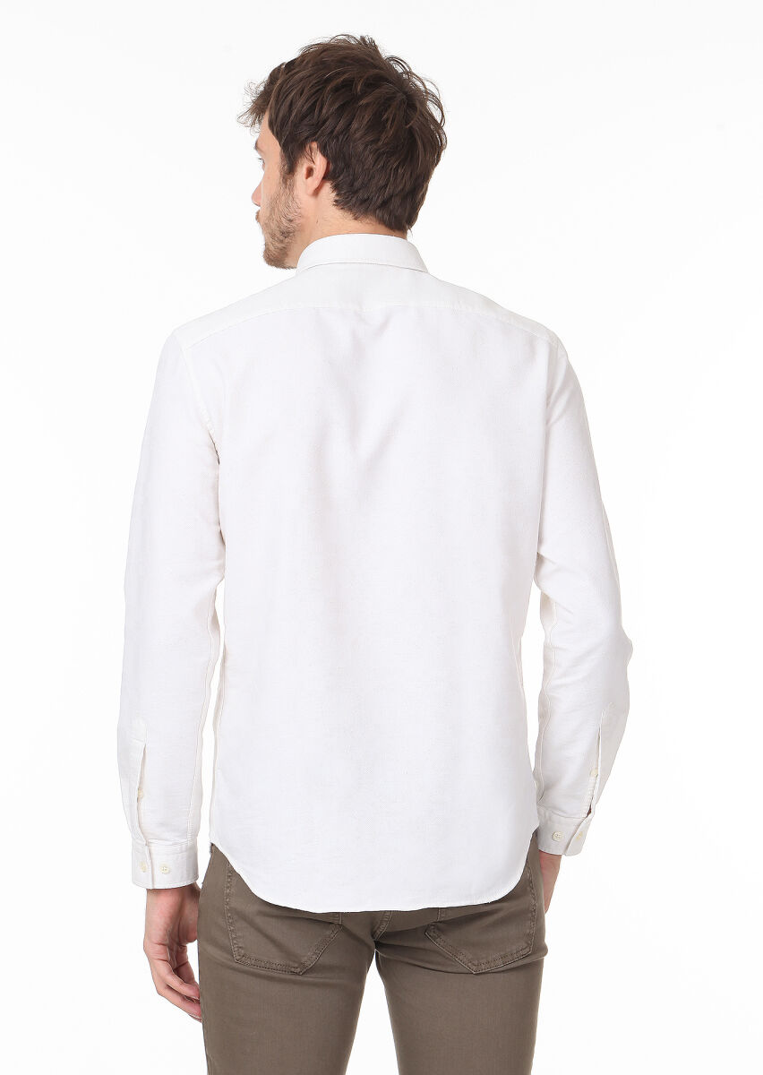 Ekru Desenli Regular Fit Uzun Dokuma Casual Pamuk Karışımlı Gömlek - 4