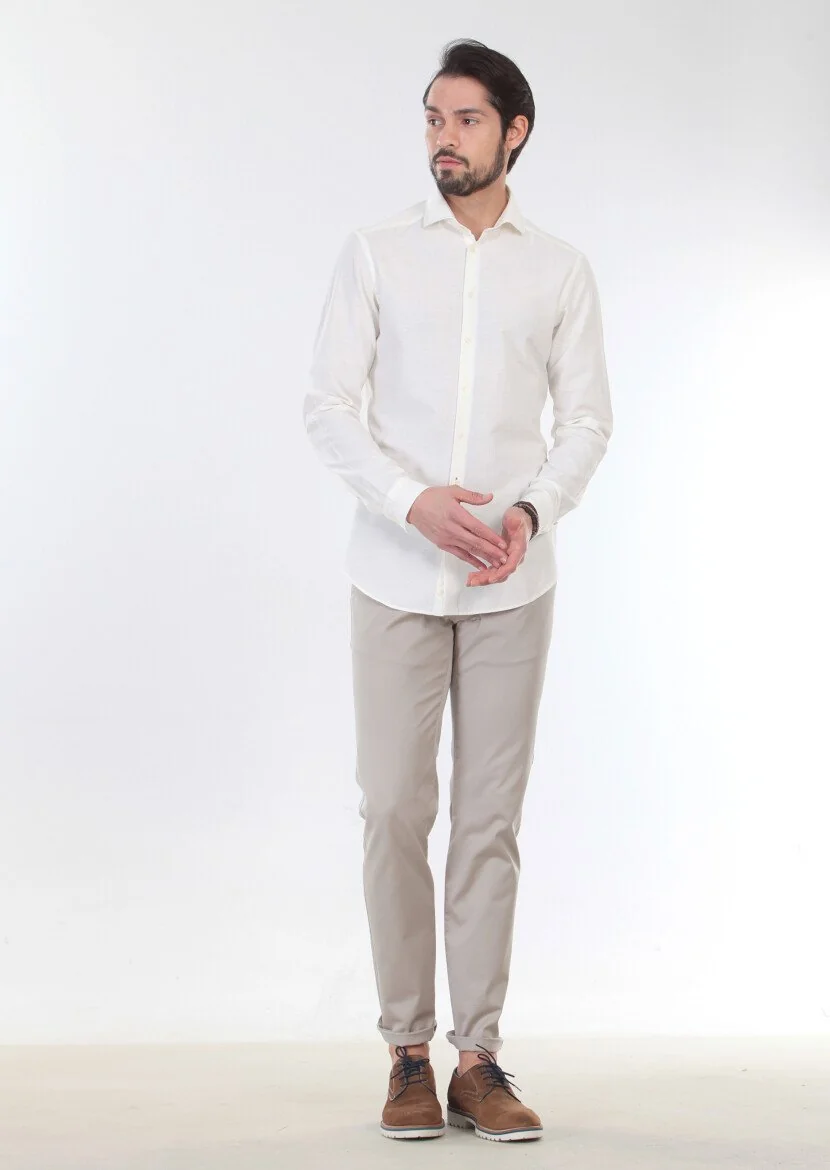 Ekru Desenli Slim Fit Dokuma Casual %100 Pamuk Gömlek - 3