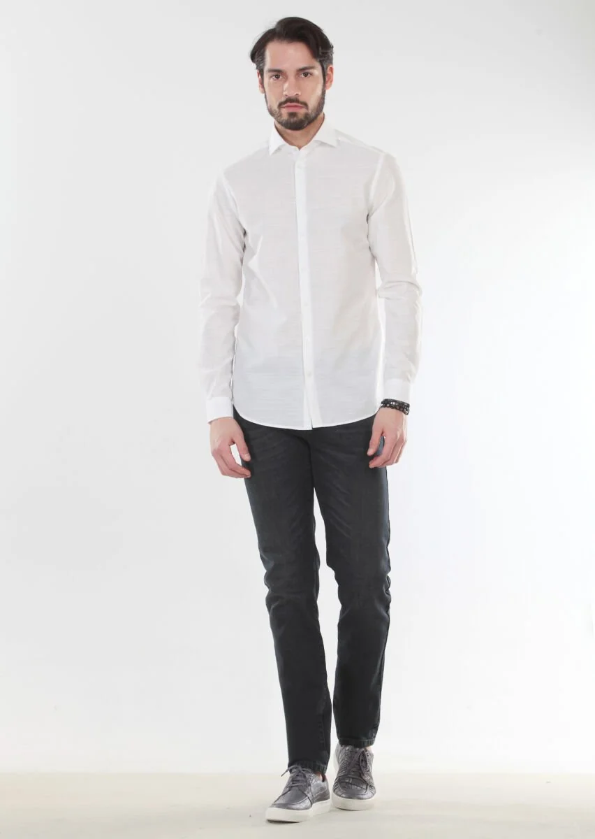 Ekru Desenli Slim Fit Dokuma Casual %100 Pamuk Gömlek - 1