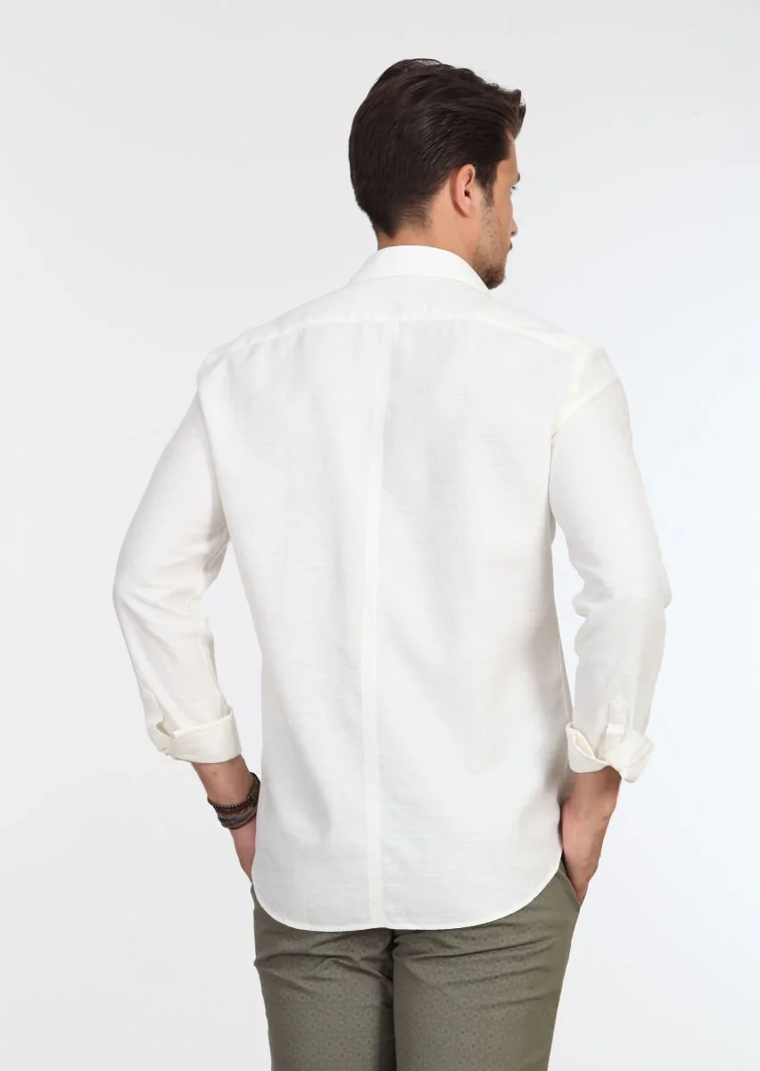 Ekru Desenli Slim Fit Dokuma Casual %100 Pamuk Gömlek - 4