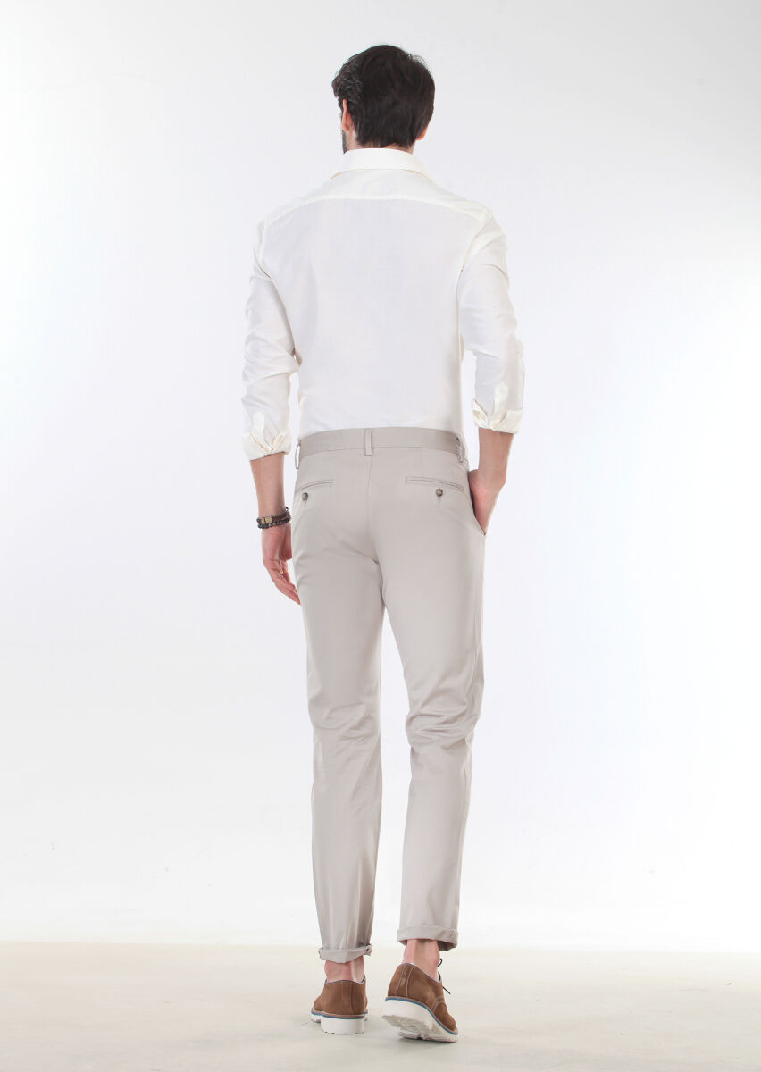 Ekru Desenli Slim Fit Uzun Dokuma Casual %100 Pamuk Gömlek - 2