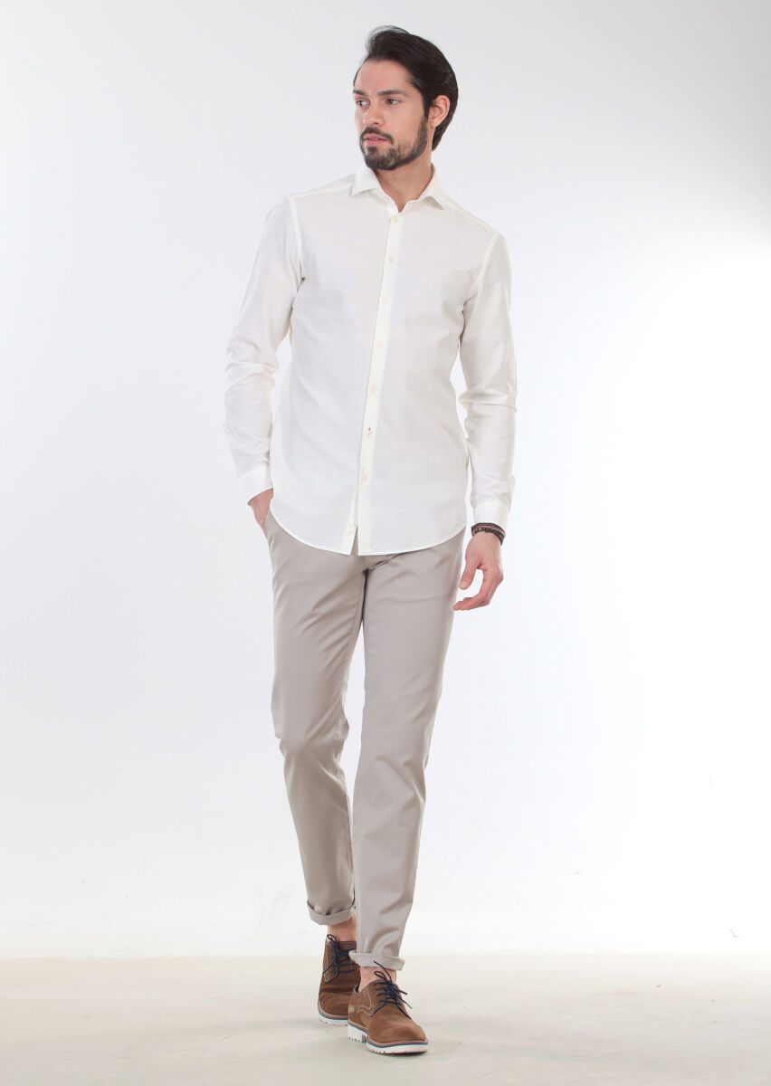 Ekru Desenli Slim Fit Uzun Dokuma Casual %100 Pamuk Gömlek - 4