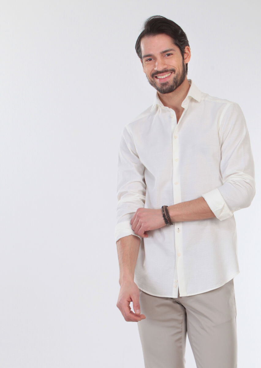 Ekru Desenli Slim Fit Uzun Dokuma Casual %100 Pamuk Gömlek - 5
