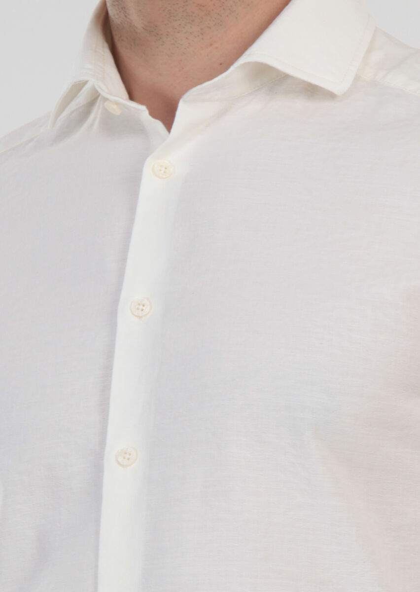 Ekru Desenli Slim Fit Uzun Dokuma Casual %100 Pamuk Gömlek - 7