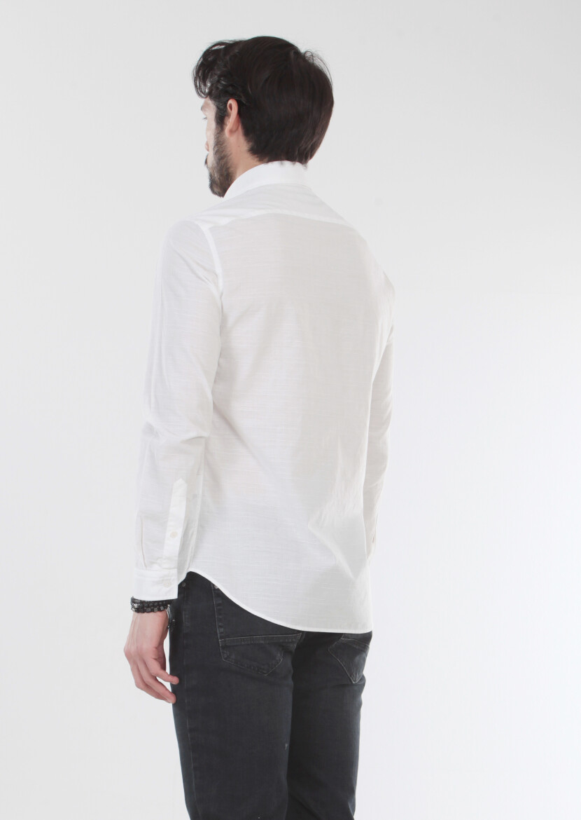 Ekru Desenli Slim Fit Uzun Dokuma Casual %100 Pamuk Gömlek - 2