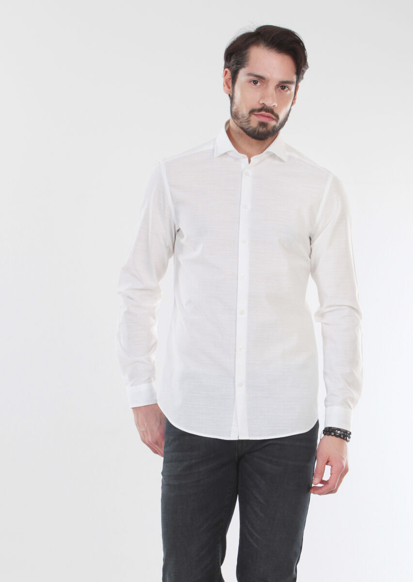 Ekru Desenli Slim Fit Uzun Dokuma Casual %100 Pamuk Gömlek - 3