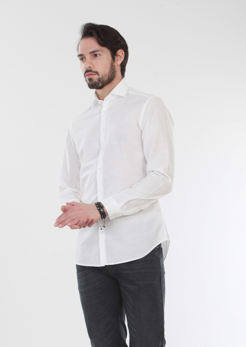 Ekru Desenli Slim Fit Uzun Dokuma Casual %100 Pamuk Gömlek - 4