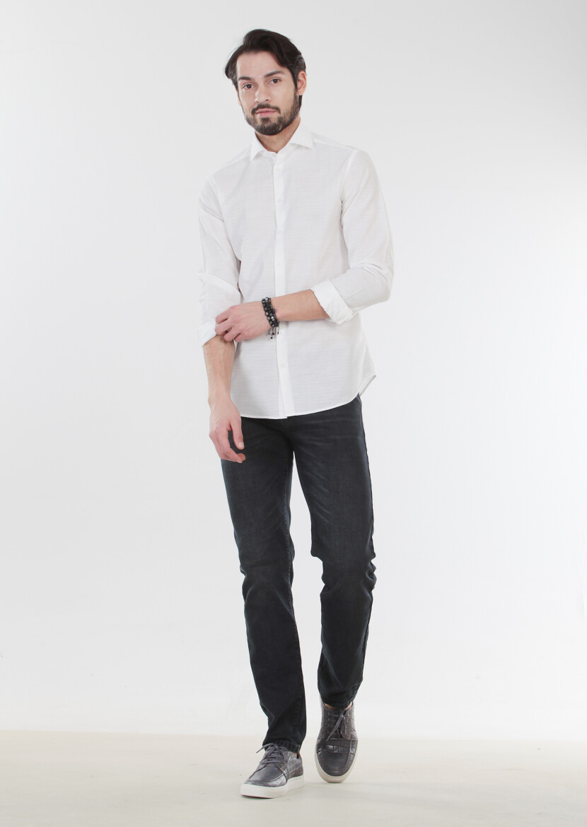 Ekru Desenli Slim Fit Uzun Dokuma Casual %100 Pamuk Gömlek - 5