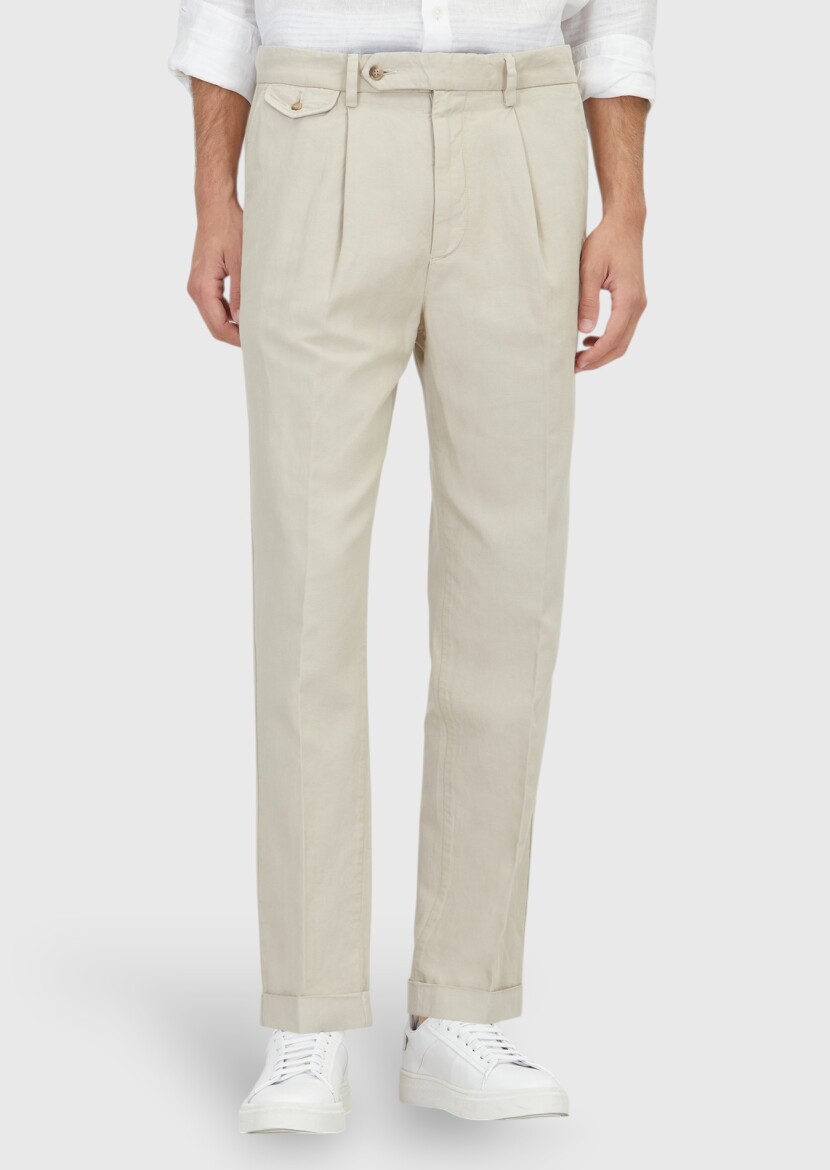 Ekru Düz Dokuma Relaxed Fit Casual Pamuk Karışımlı Pantolon 