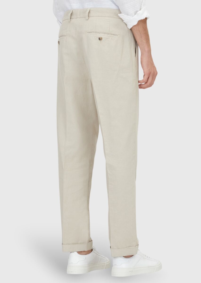 Ekru Düz Dokuma Relaxed Fit Casual Pamuk Karışımlı Pantolon - 4