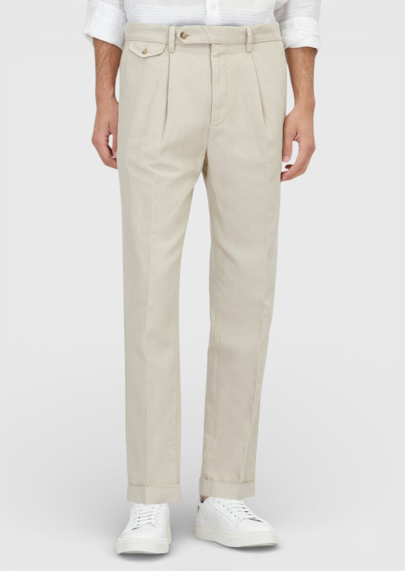 Ekru Düz Dokuma Relaxed Fit Casual Pamuk Karışımlı Pantolon 