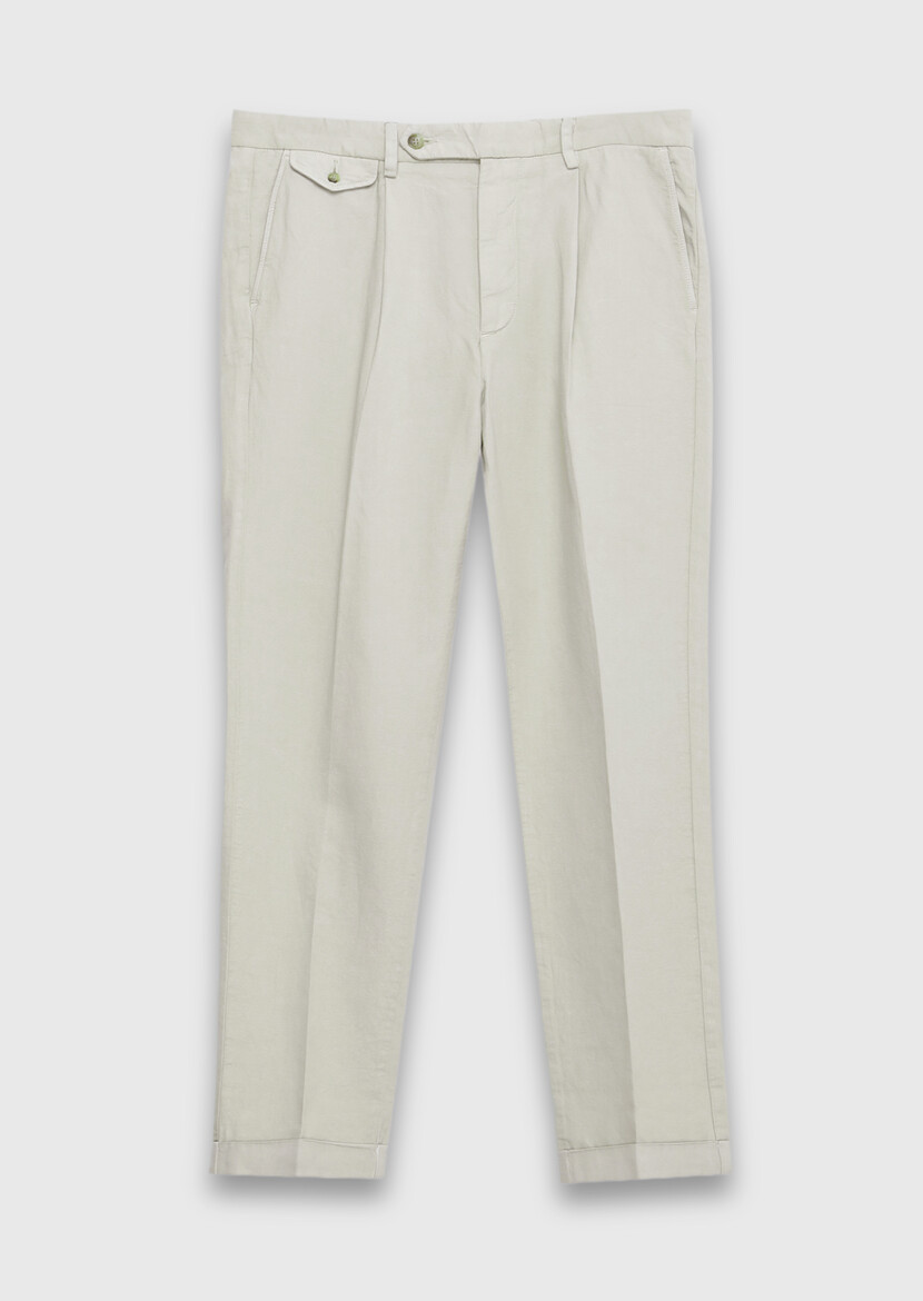 Ekru Düz Dokuma Relaxed Fit Casual Pamuk Karışımlı Pantolon - 5