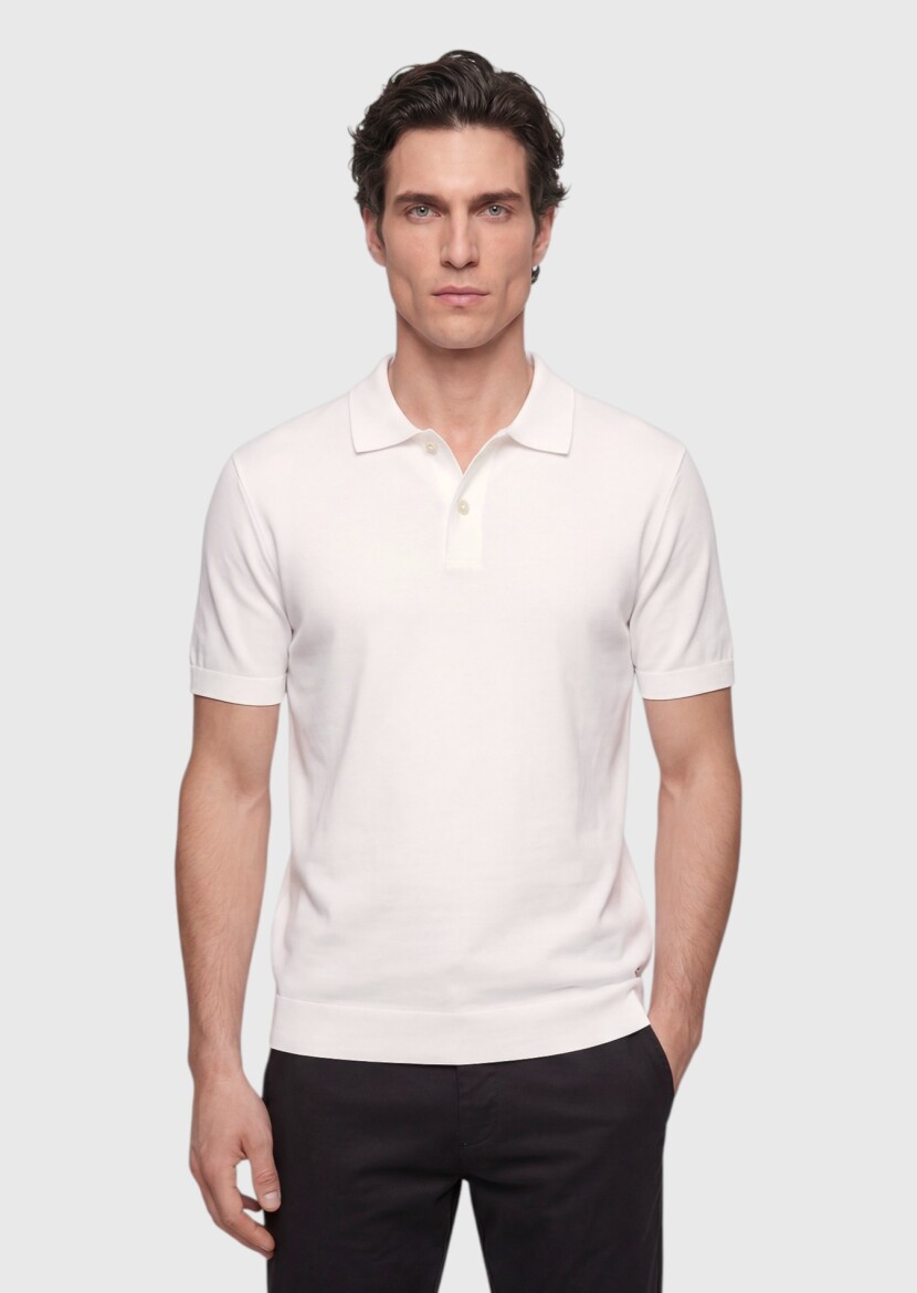 Ekru Düz %100 Pamuk T-Shirt - 1