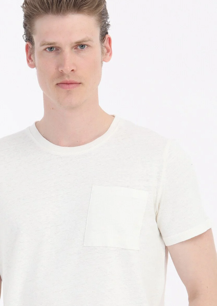 Ekru Düz Bisiklet Yaka %100 Keten T-Shirt - 4