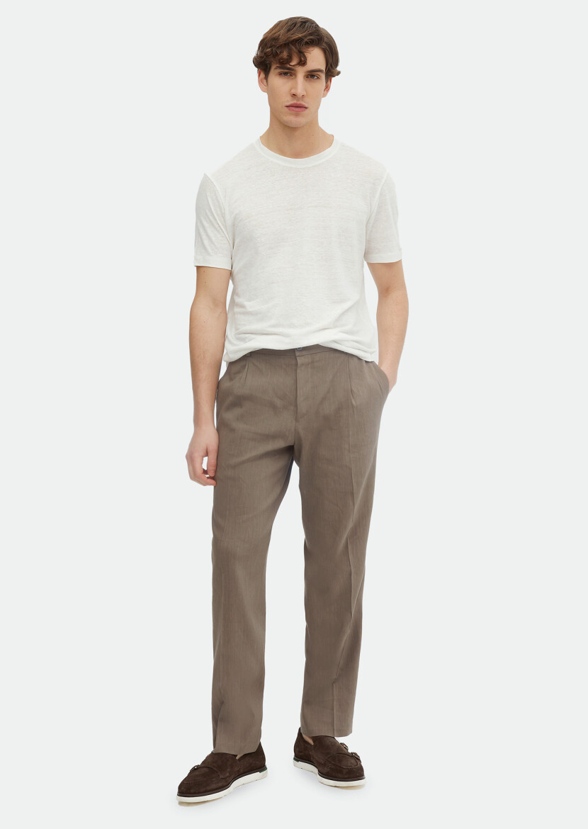 Ekru Düz Bisiklet Yaka %100 Keten T-Shirt 