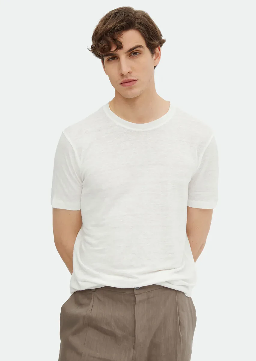 Ekru Düz Bisiklet Yaka %100 Keten T-Shirt - 1