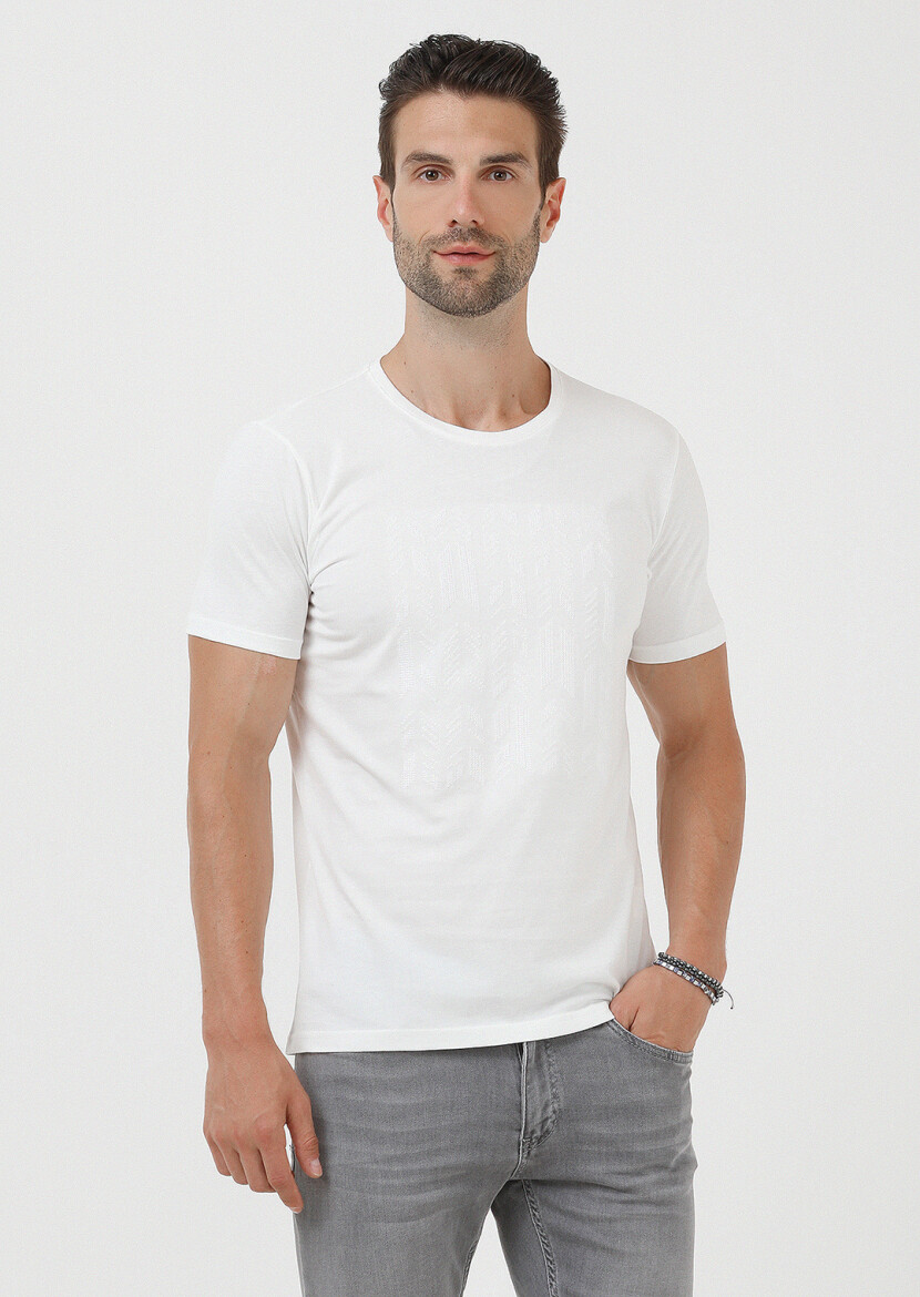 Ekru Düz Bisiklet Yaka %100 Pamuk T-Shirt 