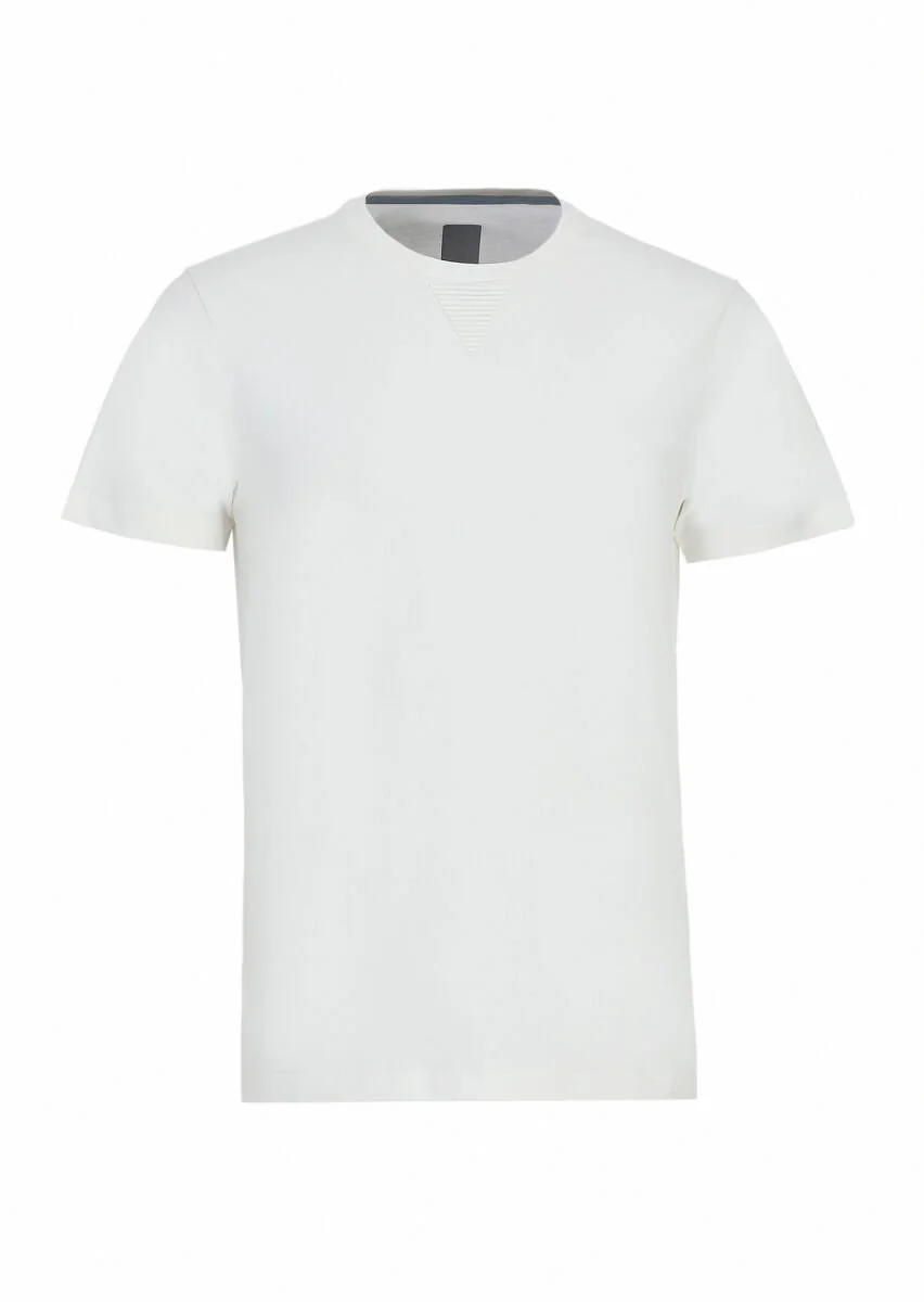 Ekru Düz Bisiklet Yaka %100 Pamuk T-Shirt - 6