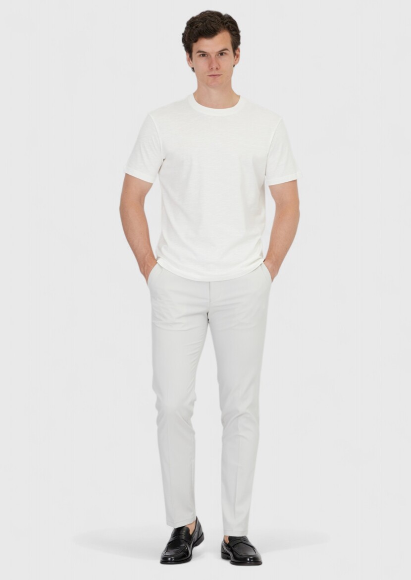 Ekru Düz Bisiklet Yaka %100 Pamuk T-Shirt 