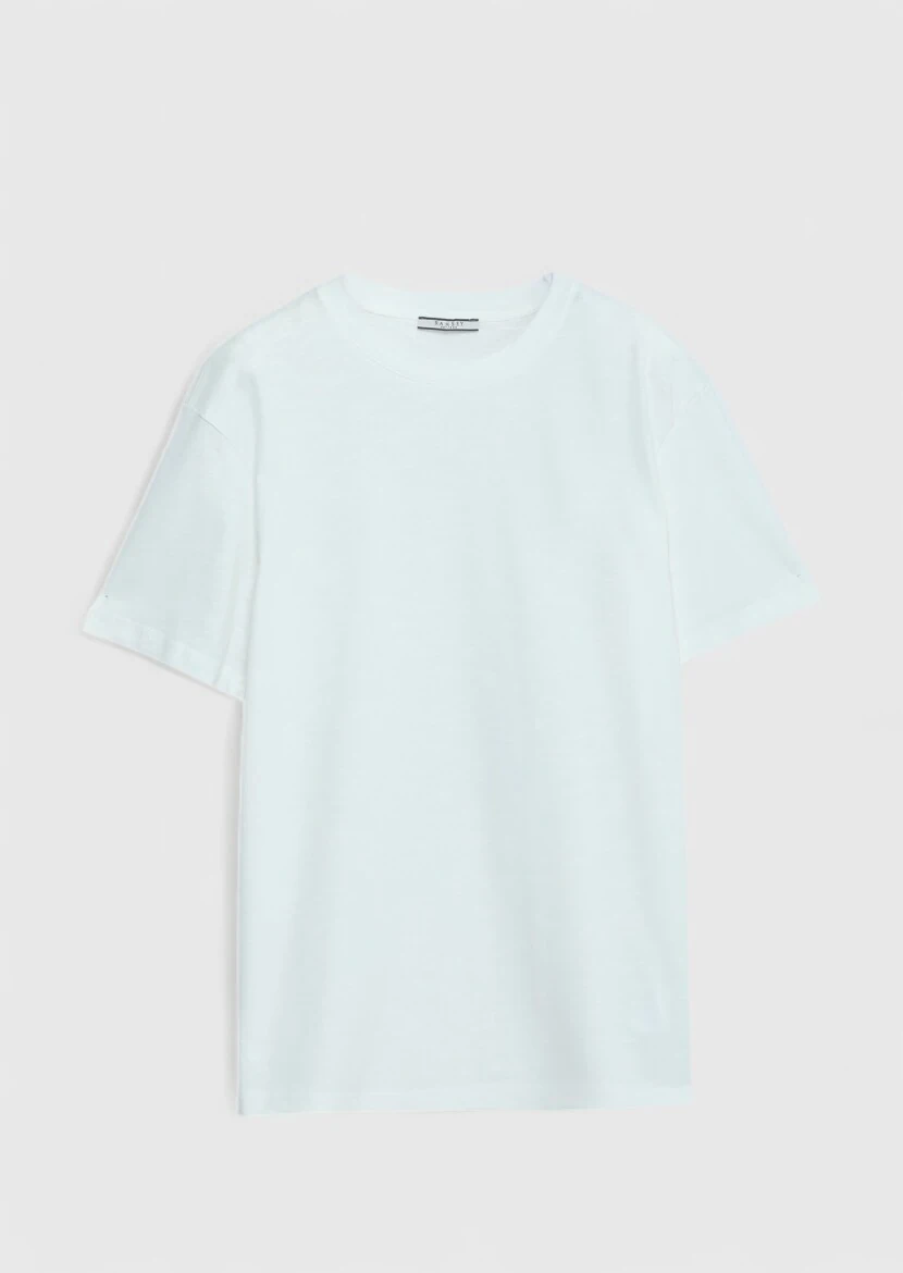 Ekru Düz Bisiklet Yaka %100 Pamuk T-Shirt 