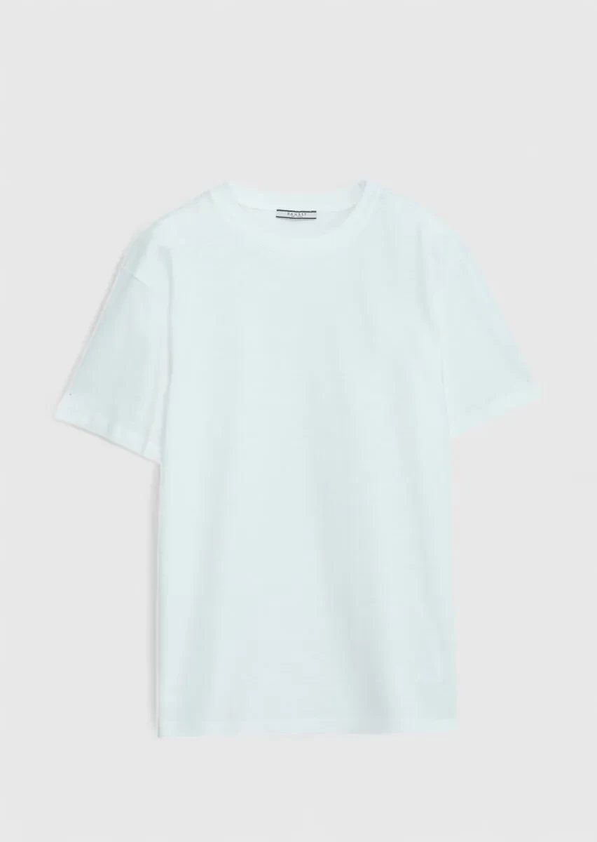 Ekru Düz Bisiklet Yaka %100 Pamuk T-Shirt - 1