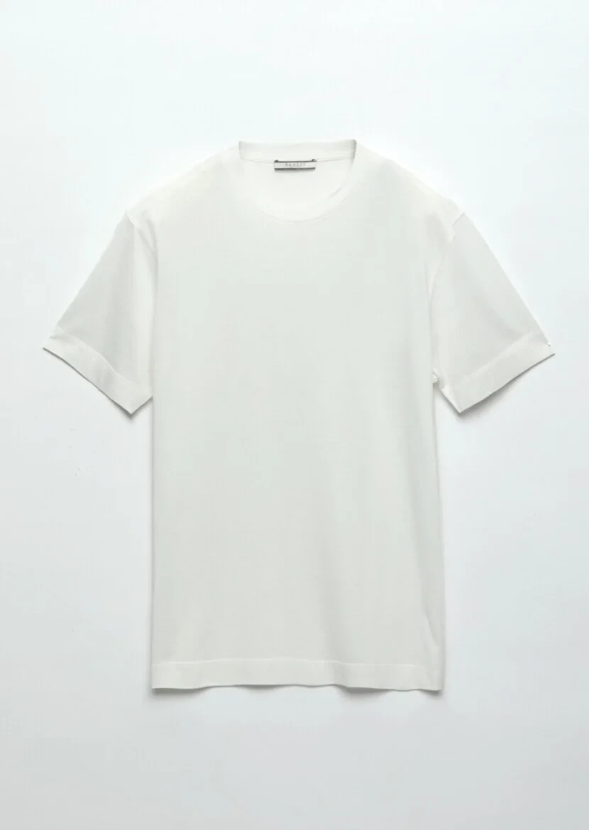 Ekru Düz Bisiklet Yaka İpek Karışımlı T-Shirt - 6