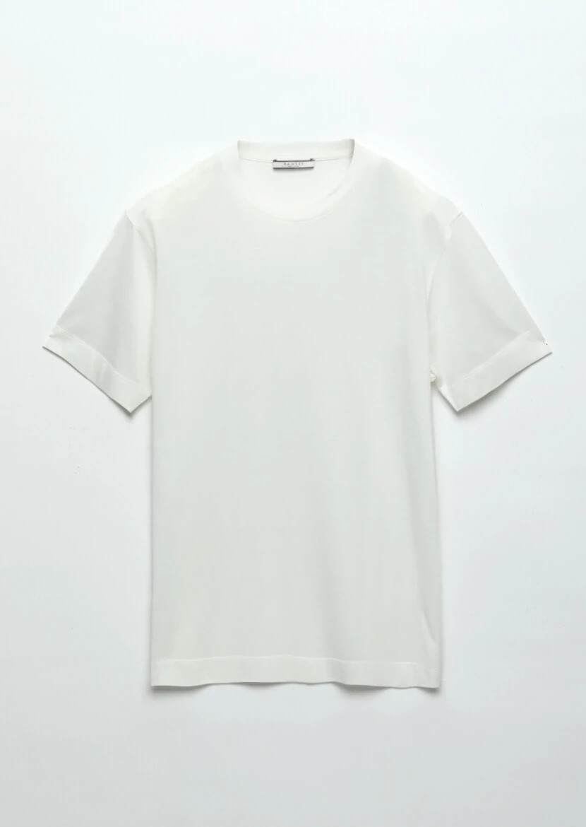 Ekru Düz Bisiklet Yaka İpek Karışımlı T-Shirt - 6