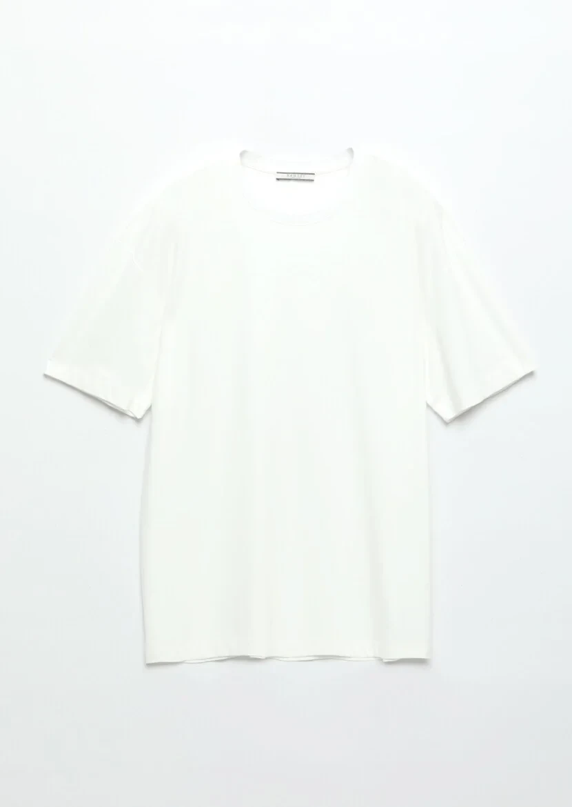Ekru Düz Bisiklet Yaka T-Shirt - 5