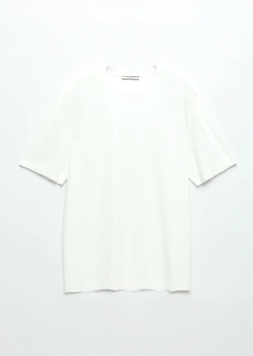 Ekru Düz Bisiklet Yaka T-Shirt - 5
