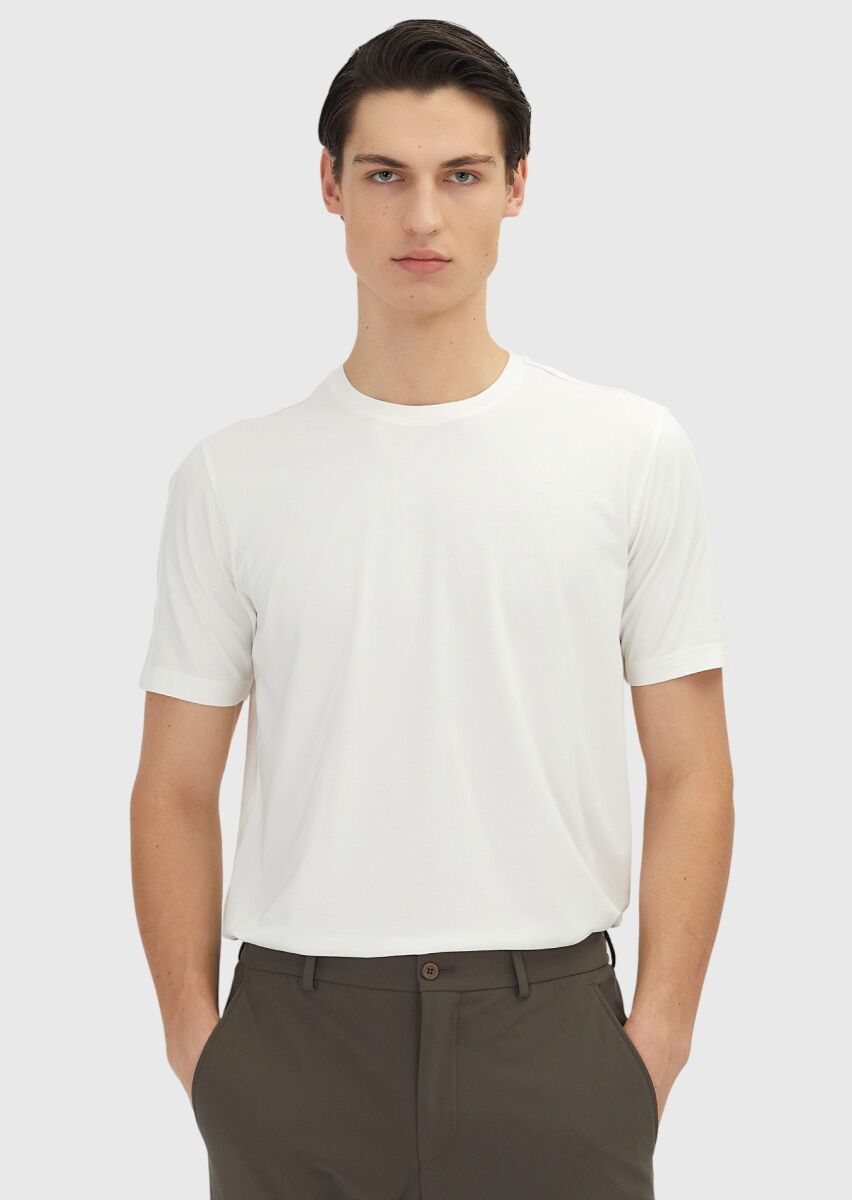 Ekru Düz Bisiklet Yaka T-Shirt - 1