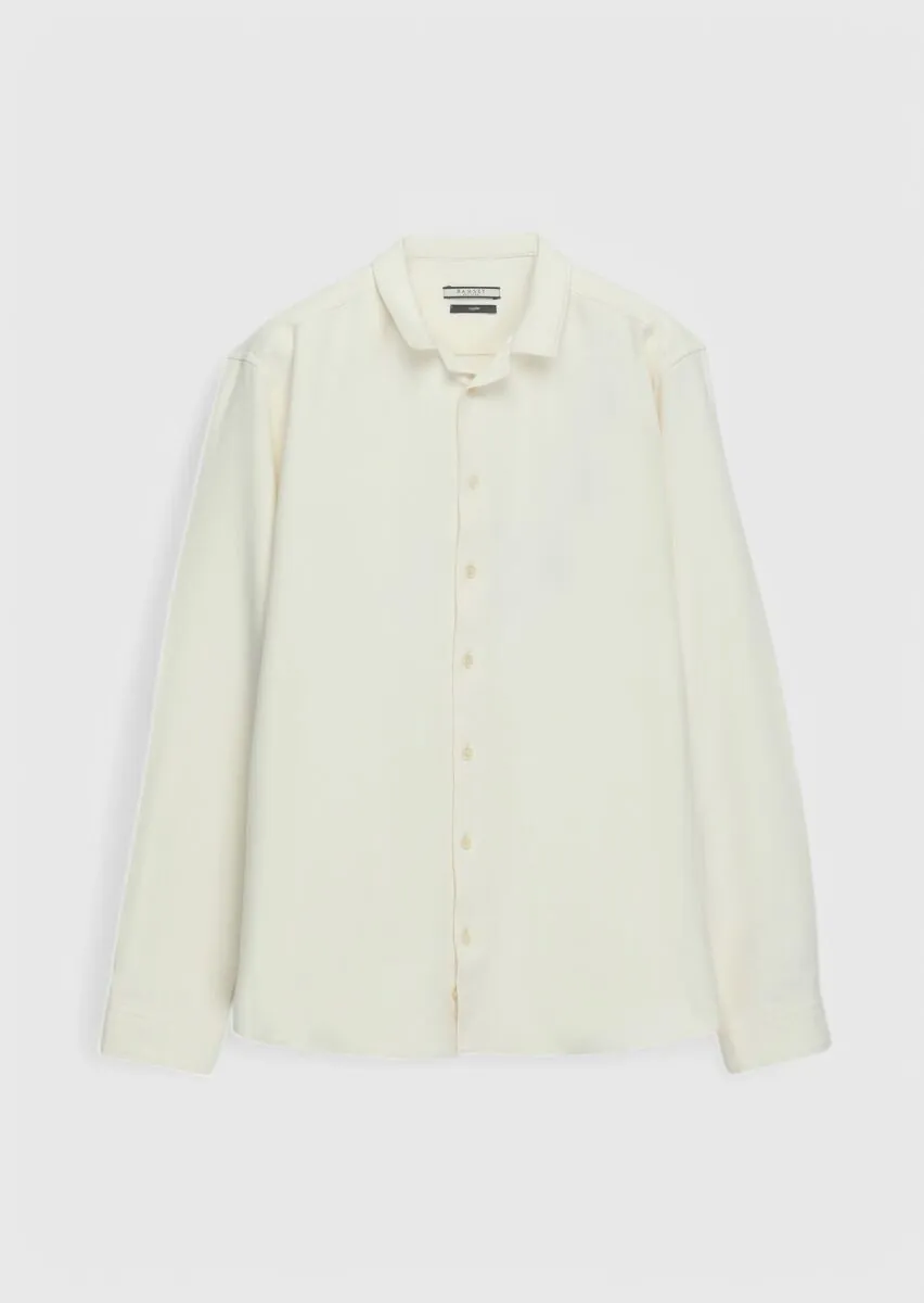 Ekru Düz Casual Fit Dokuma Casual %100 Pamuk Gömlek - 1