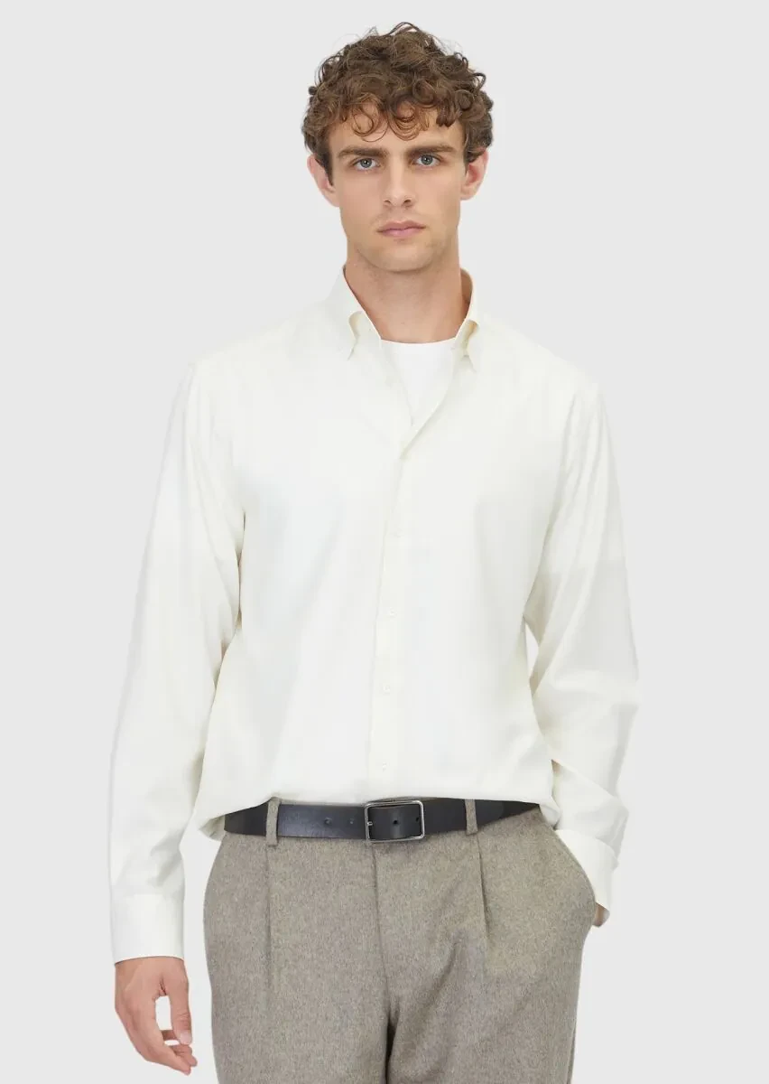 Ekru Düz Casual Fit Dokuma Casual İpek Karışımlı Gömlek - 1