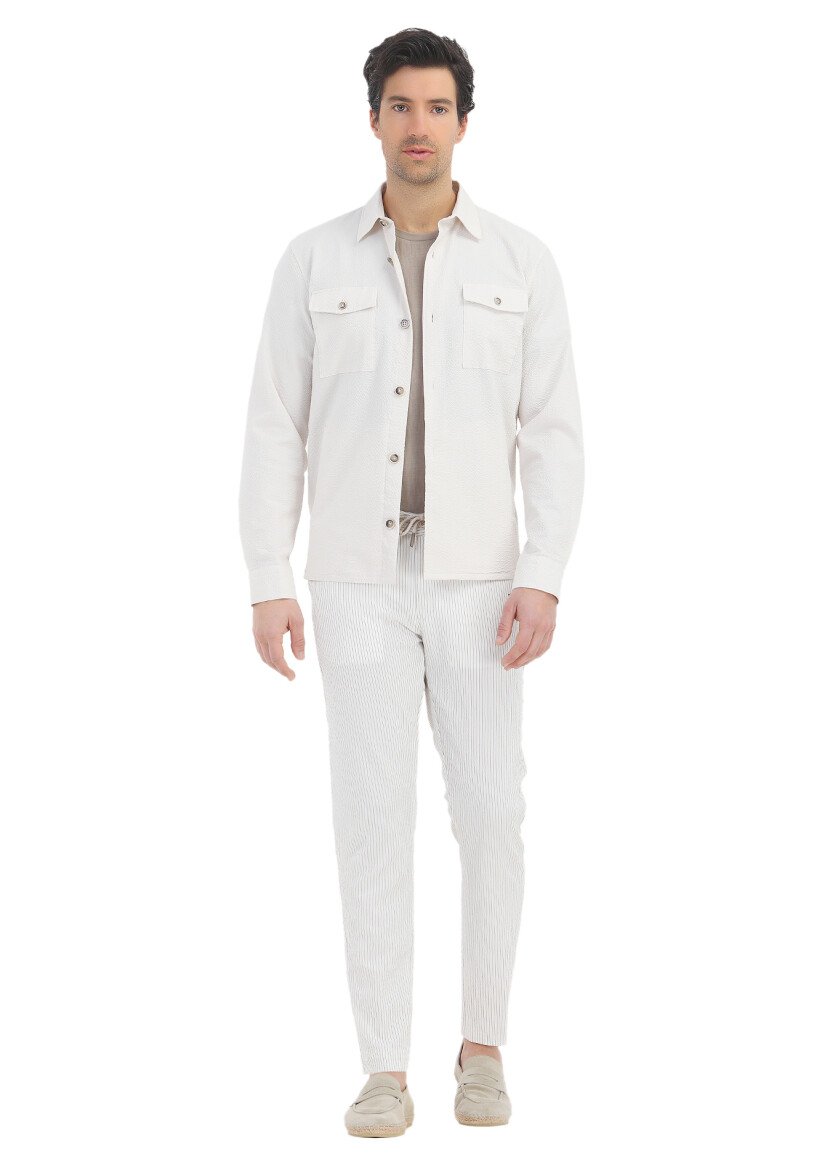 Ekru Düz Casual Fit Dokuma Pamuk Karışımlı Overshırt - 1