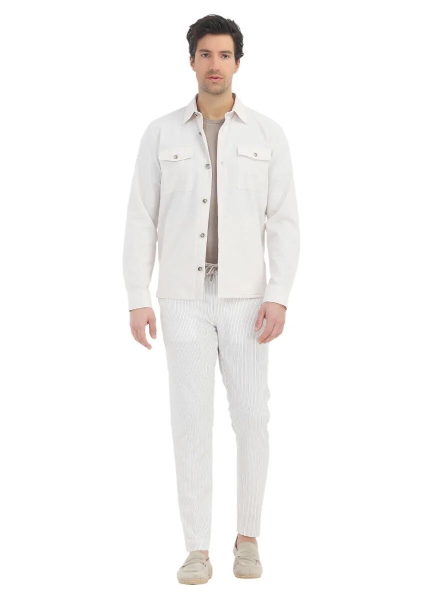 Ekru Düz Casual Fit Dokuma Pamuk Karışımlı Overshırt - 1