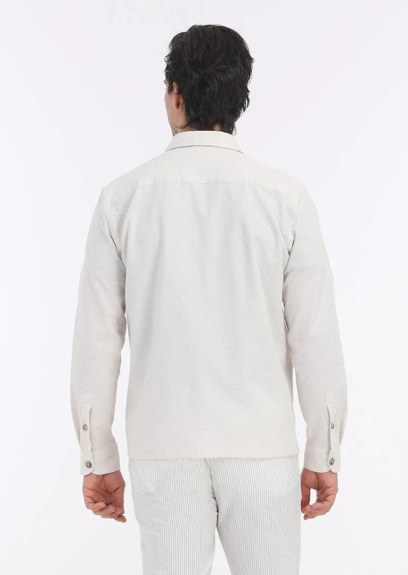 Ekru Düz Casual Fit Dokuma Pamuk Karışımlı Overshırt - 5
