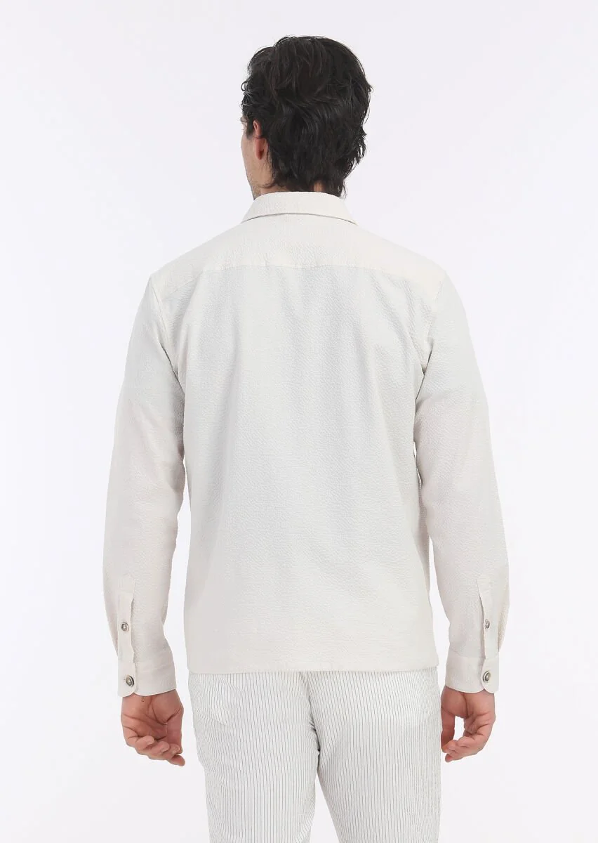 Ekru Düz Casual Fit Dokuma Pamuk Karışımlı Overshırt - 5