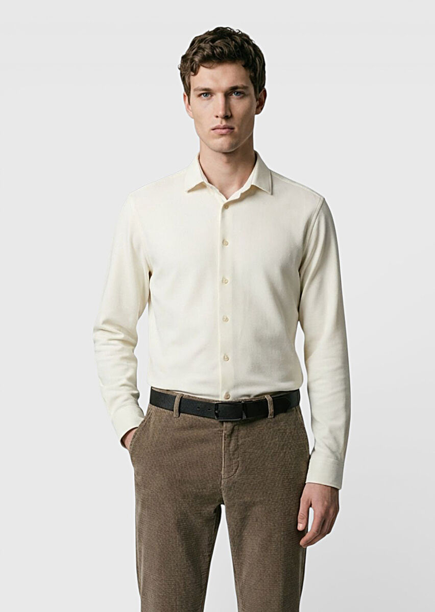 Ekru Düz Casual Fit Uzun Dokuma Casual %100 Pamuk Gömlek - 1