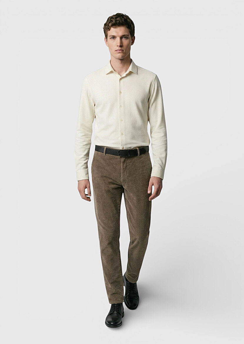 Ekru Düz Casual Fit Uzun Dokuma Casual %100 Pamuk Gömlek - 2