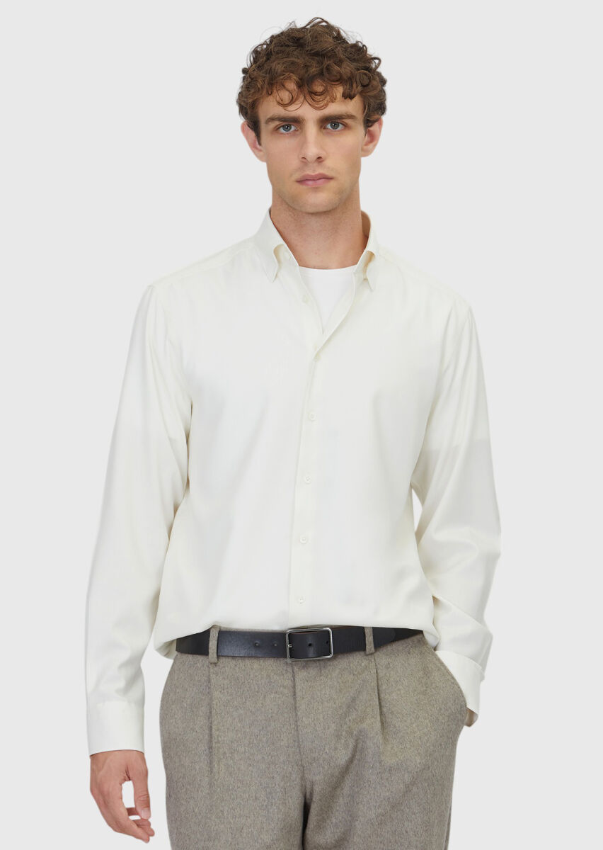 Ekru Düz Casual Fit Uzun Dokuma Casual İpek Karışımlı Gömlek - 1