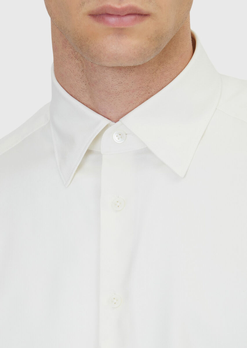 Ekru Düz Casual Fit Uzun Dokuma Casual İpek Karışımlı Gömlek - 4