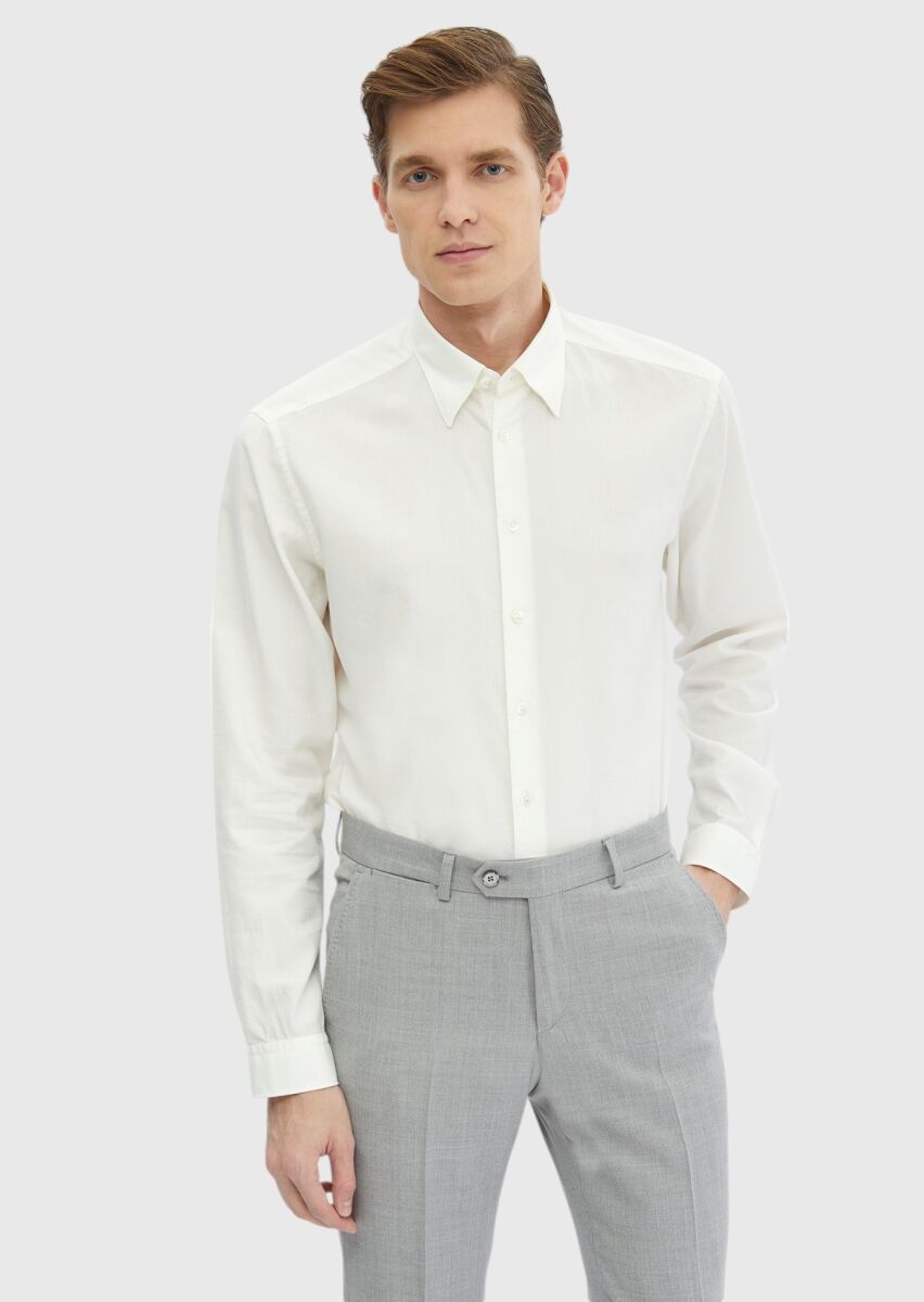 Ekru Düz Casual Fit Uzun Dokuma Casual Pamuk Karışımlı Gömlek - 1