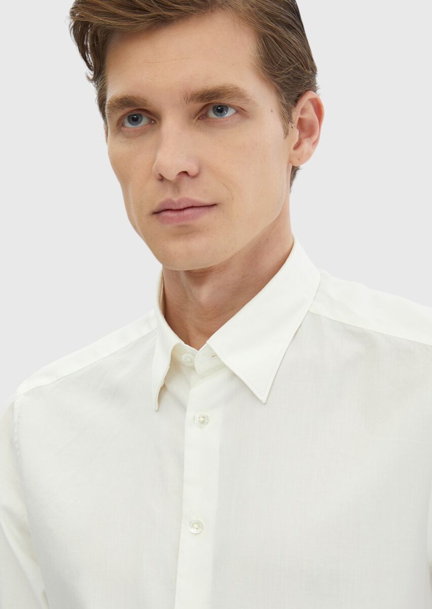 Ekru Düz Casual Fit Uzun Dokuma Casual Pamuk Karışımlı Gömlek - 3