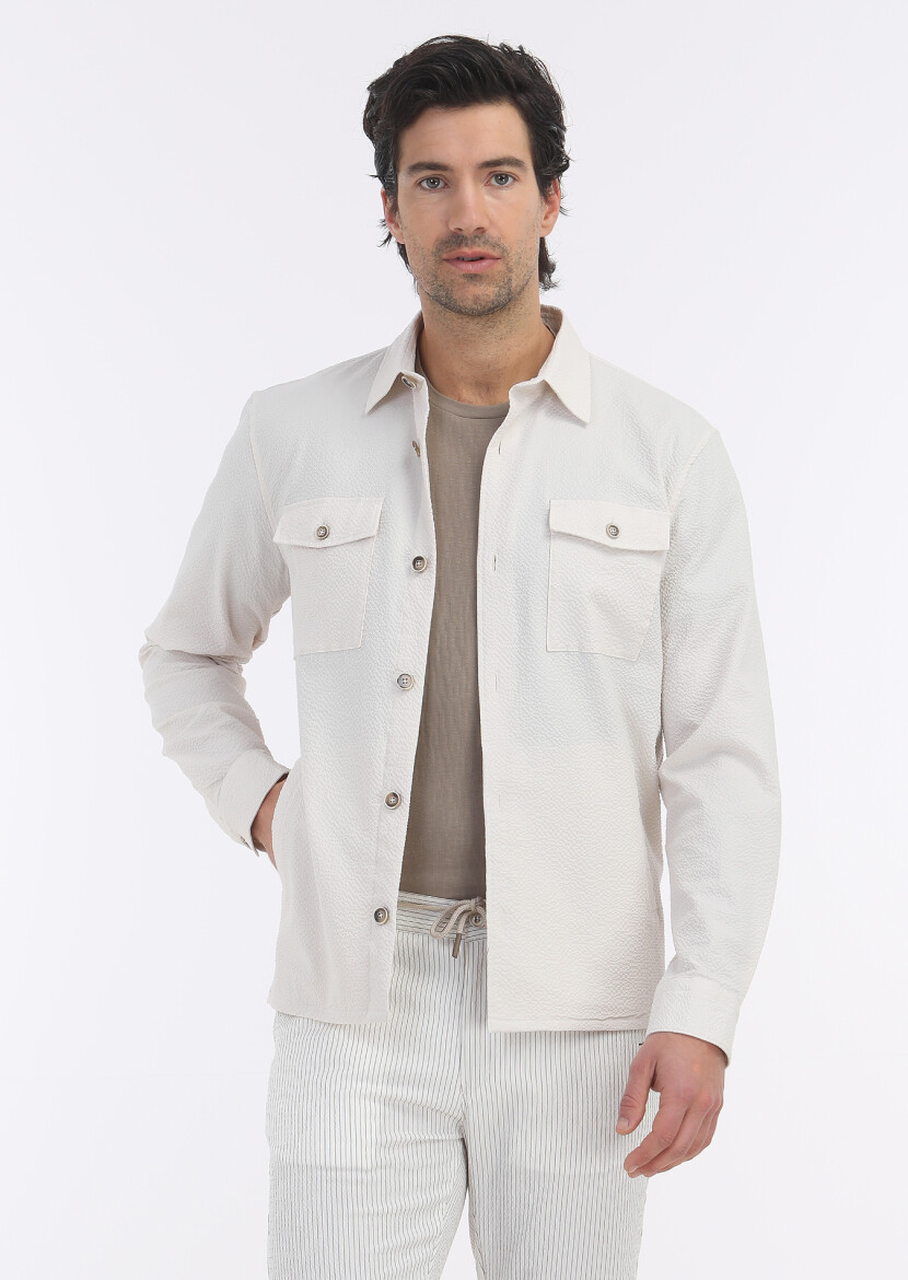 Ekru Düz Casual Fit Uzun Dokuma Pamuk Karışımlı Overshırt - 2
